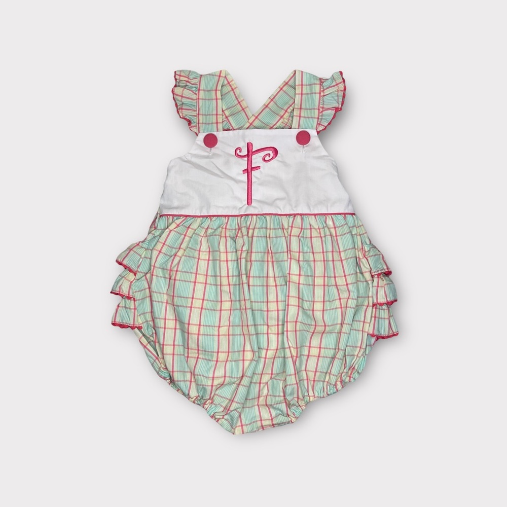 Stellybelly Monogrammed “F” Gingham Ruffle Trim Plaid Bubble Romper
